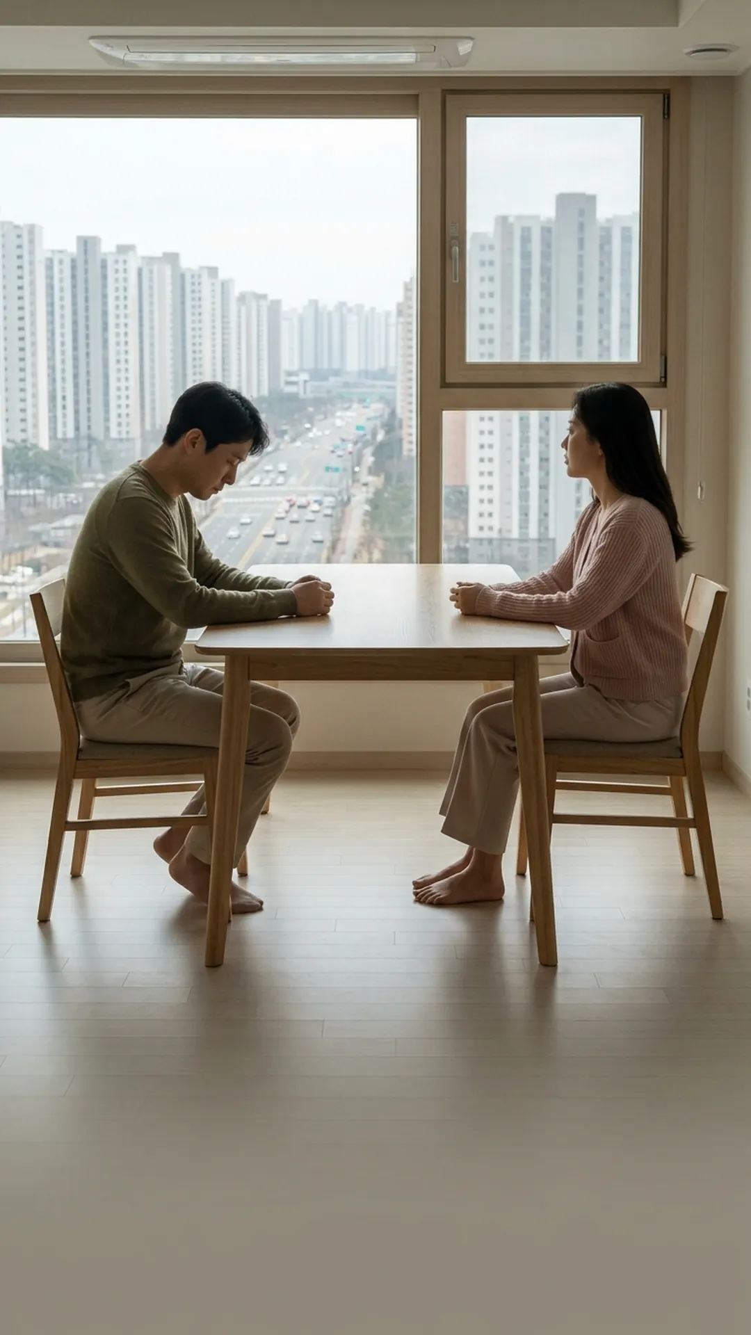 거실 식탁에 마주 앉아 이야기를 나누는 부부 — 연출 이미지