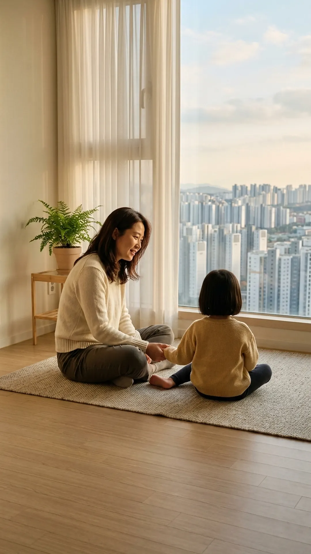 거실 바닥에서 아이와 마주 앉아 대화하는 부모 — 연출 이미지